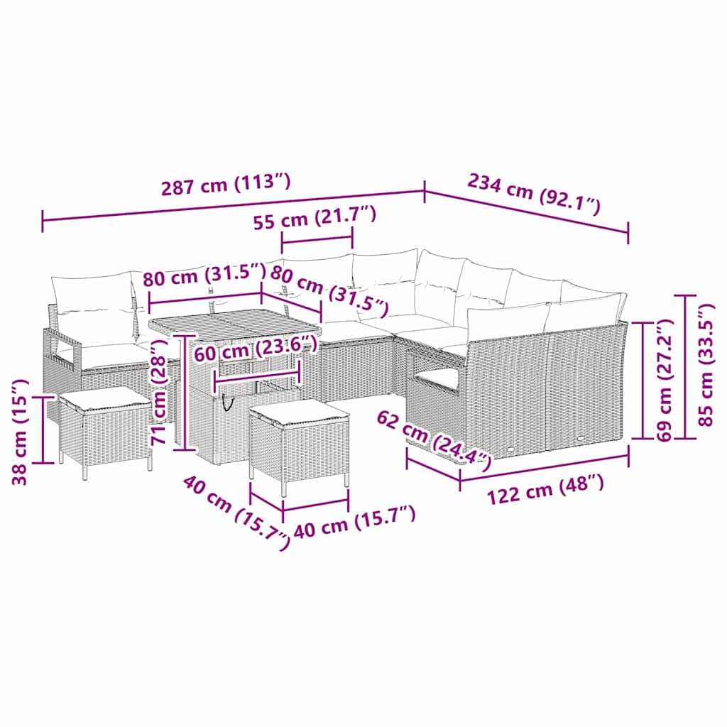 Garten-Sofa-Set mit Kissen mit Speicher 12 pcs Schwarz