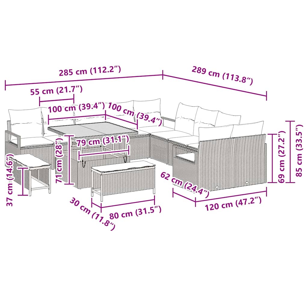 Garten-Sofa-Set mit Kissen mit Speicher 13 pcs Schwarz