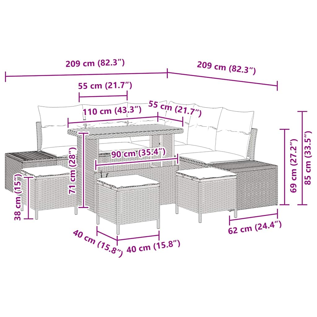 Gartensofa-set 9 stk. Schwarz Poly Rattan