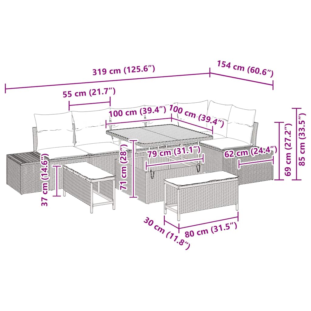 Gartensofa-set 9 stk. 8-Sitzanzahl Schwarz Poly Rattan