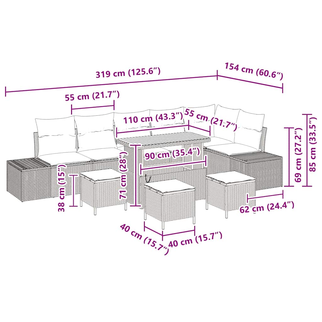 Gartensofa-set 10 stk. 9-Sitzanzahl Schwarz Poly Rattan