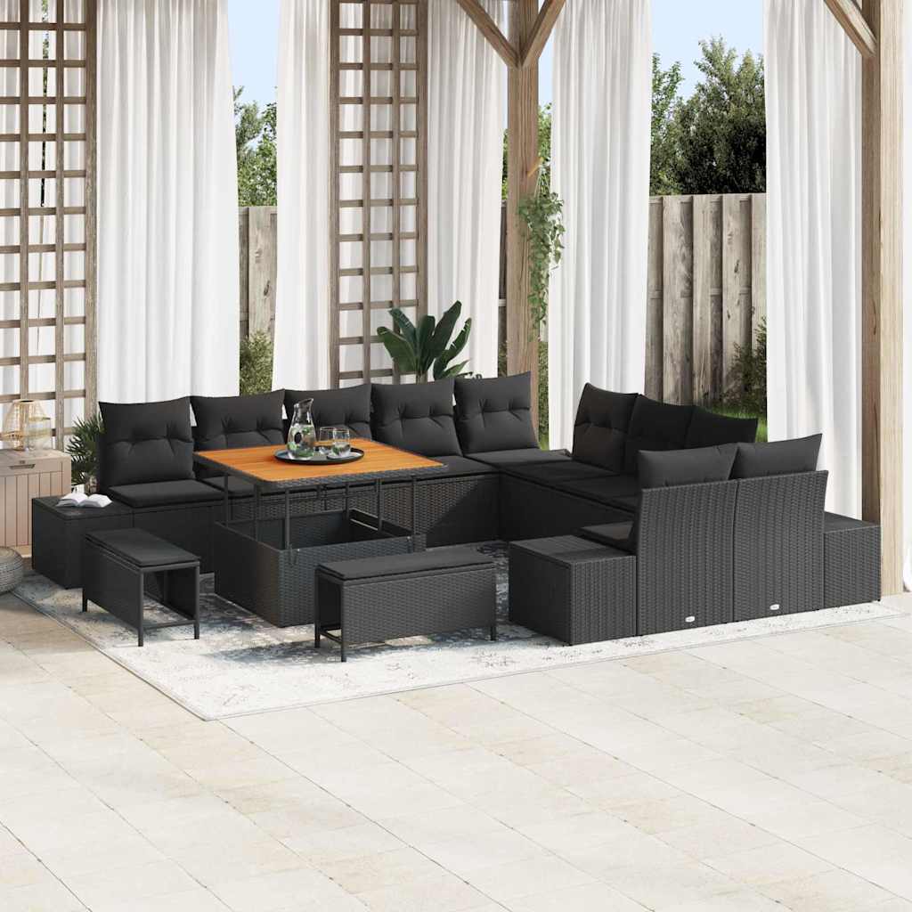 Gartensofa-set mit Kissen 13 pcs Schwarz Poly Rattan