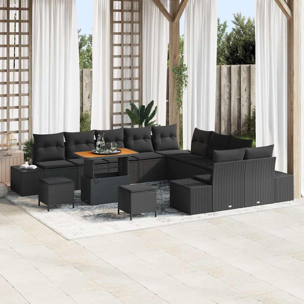 Gartensofa-set mit Kissen 13 pcs Schwarz Poly Rattan