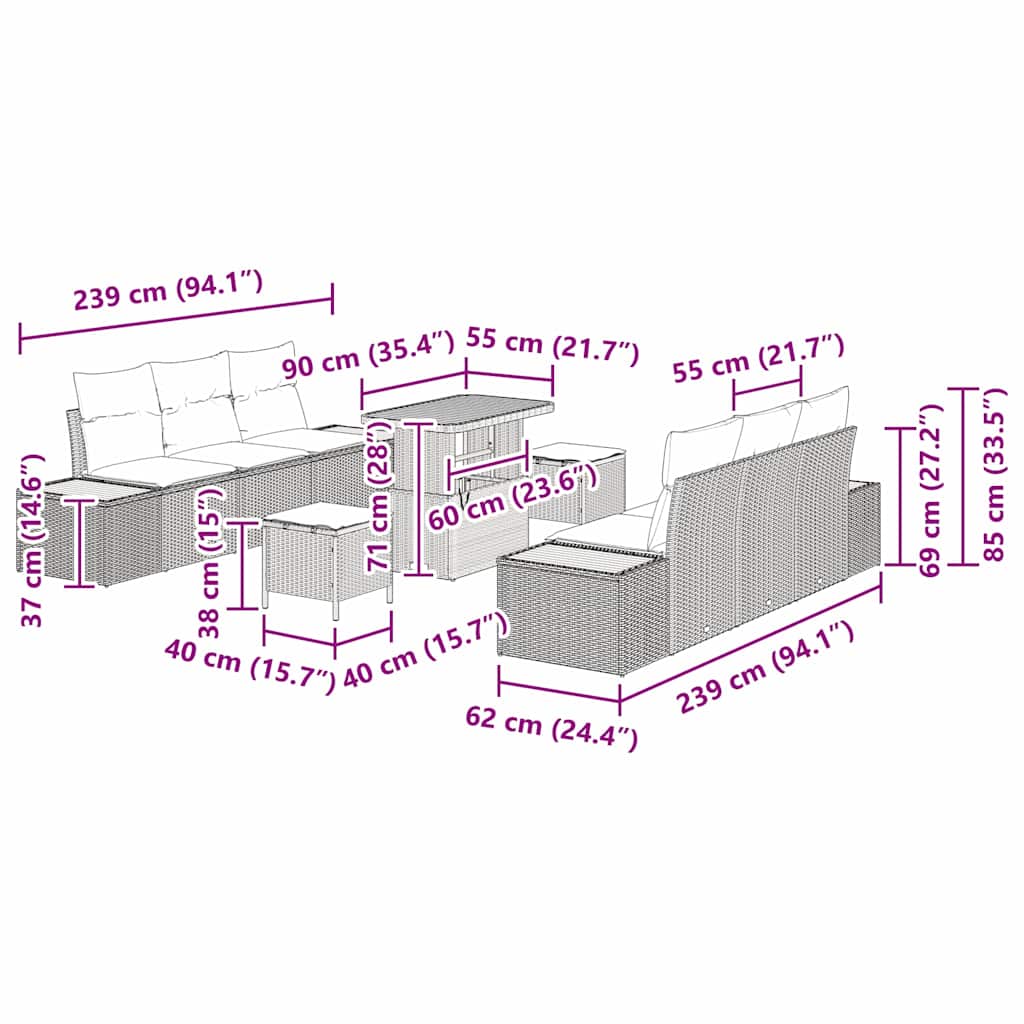 Gartensofa-set 9 Stk. 8-Sitzanzahl Beige Poly Rattan