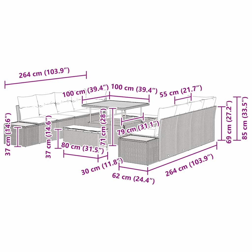 Gartensofa-set 11 stk. 10-Sitzanzahl Beige Poly Rattan