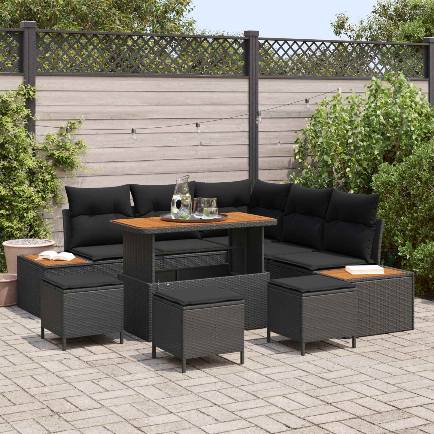 Gartensofa-set mit Kissen 9 pcs Schwarz Poly Rattan