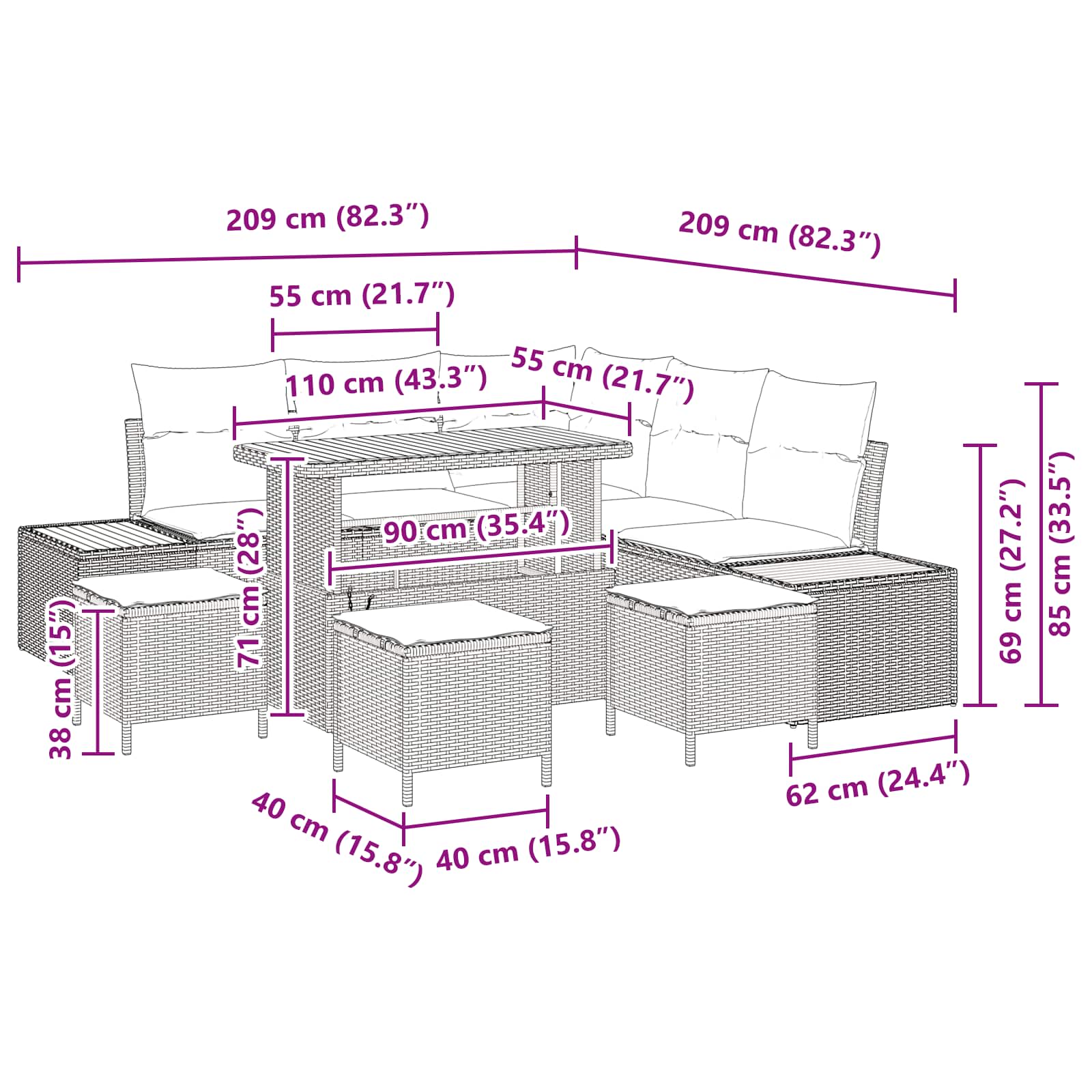 Gartensofa-set mit Kissen 9 pcs Schwarz Poly Rattan