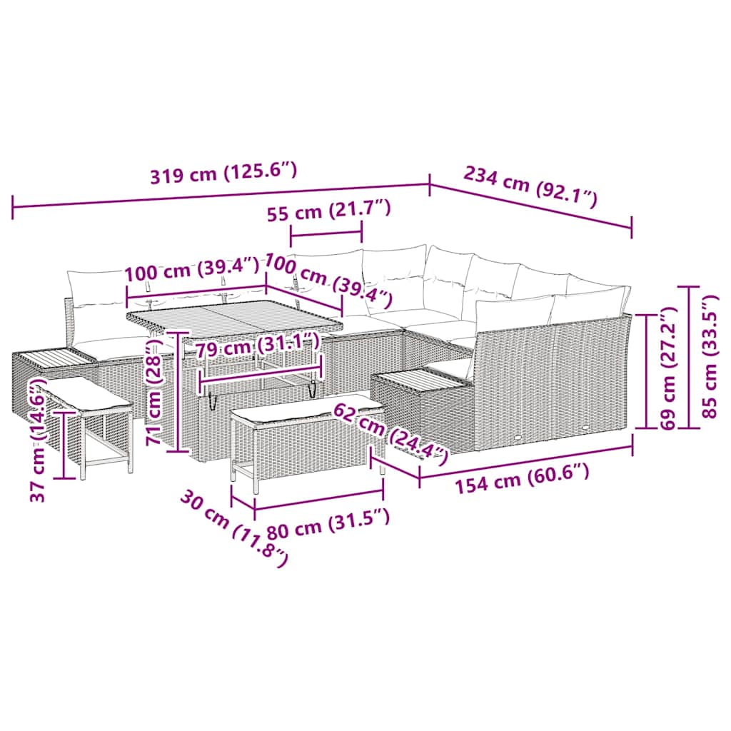 Gartensofa-set 12 stk. 11-Sitzanzahl Beige Poly Rattan