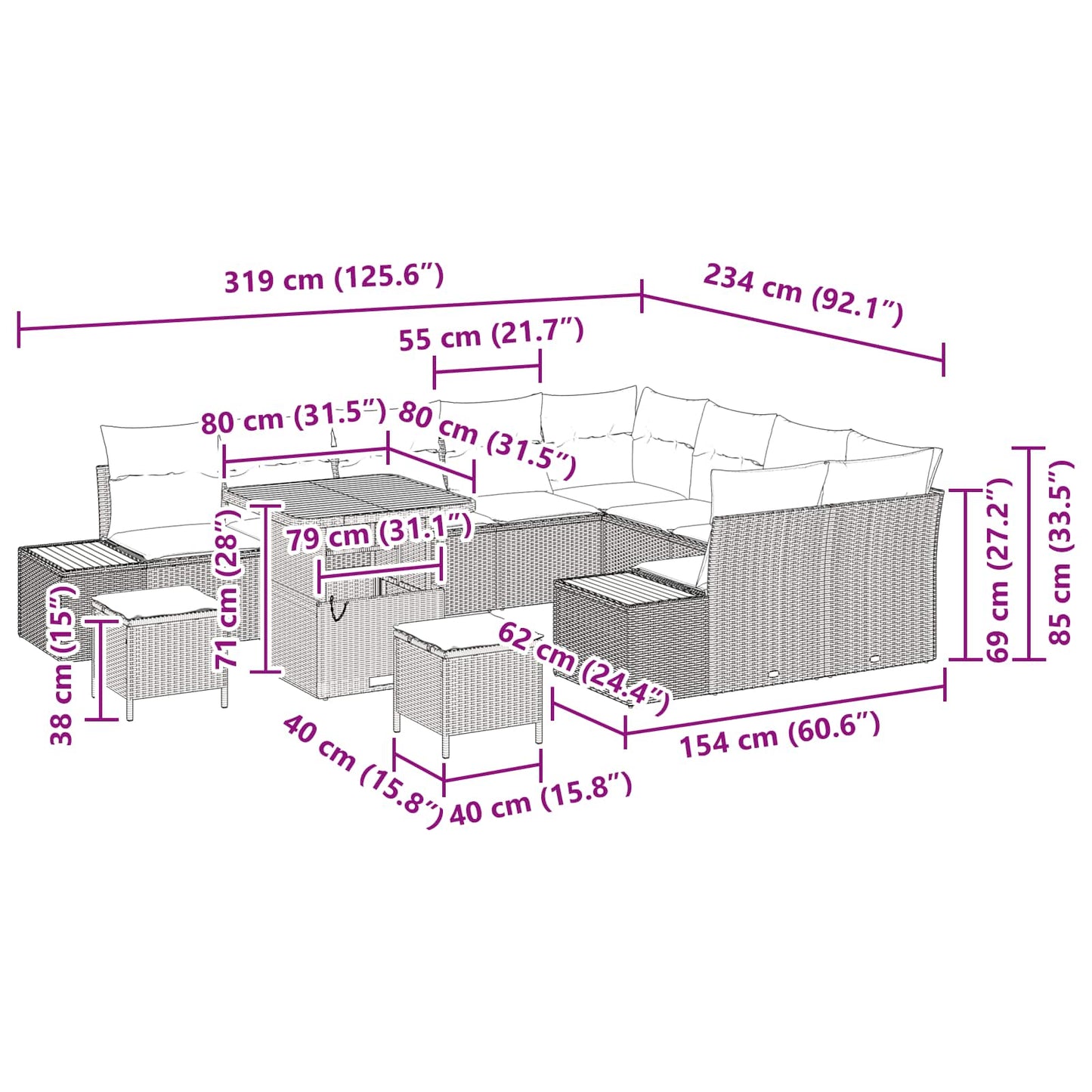 Gartensofa-set mit Kissen 12 pcs Schwarz Poly Rattan