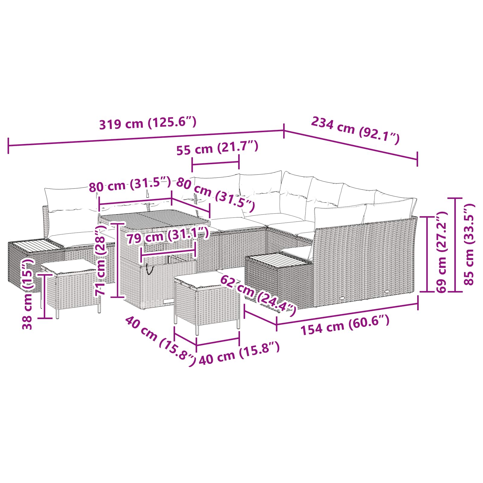 Gartensofa-set mit Kissen 12 pcs Schwarz Poly Rattan