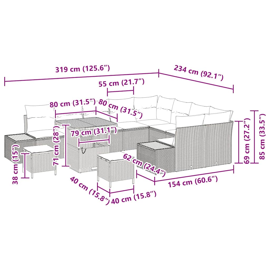 Gartensofa-set 12 stk. 11-Sitzanzahl Beige Poly Rattan