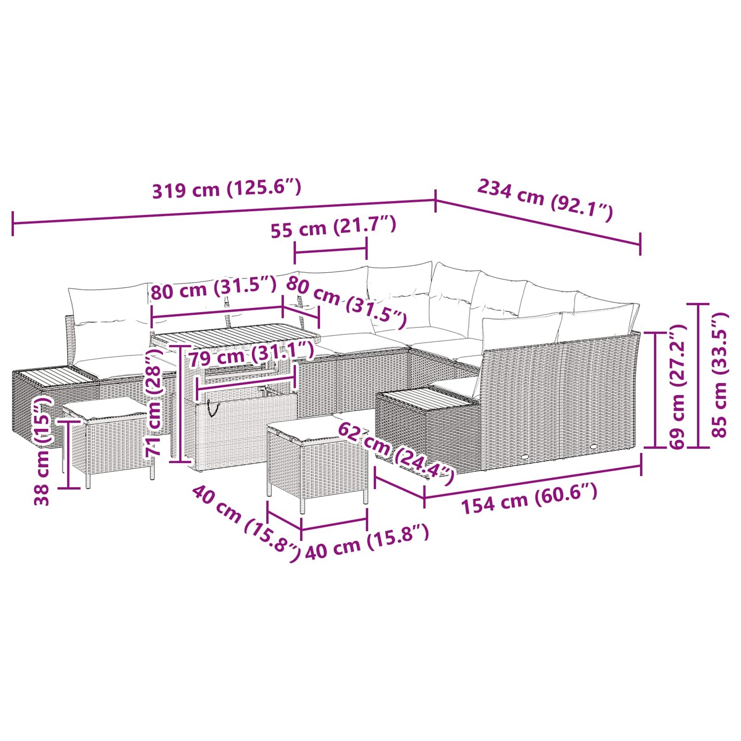 Gartensofa-set mit Kissen 12 pcs Schwarz Poly Rattan