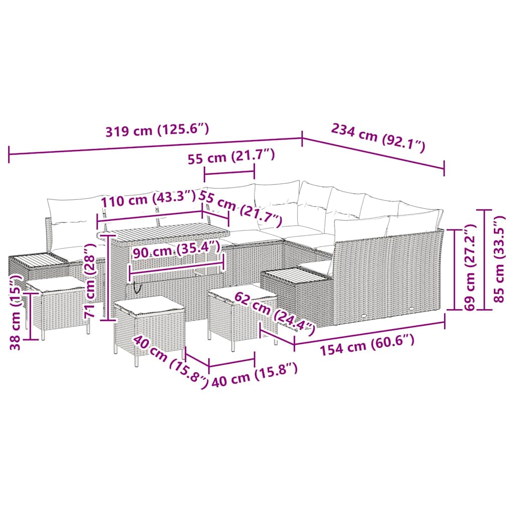 Gartensofa-set 13 stk. 12-Sitzanzahl Beige Poly Rattan