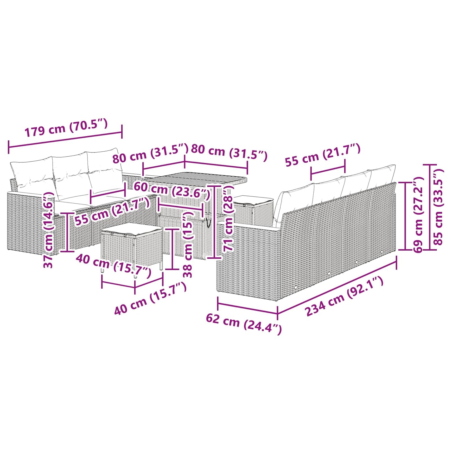 Gartensofa-set 14 stk. 9-Sitzanzahl Schwarz Poly-Rattan