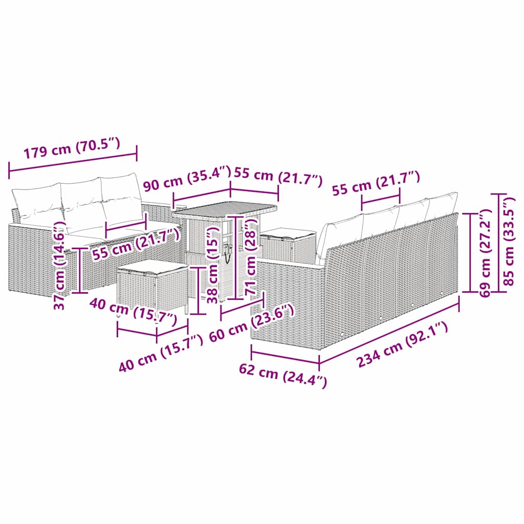 Gartensofa-set mit Kissen 14 pcs Schwarz und Creme Poly-Rattan
