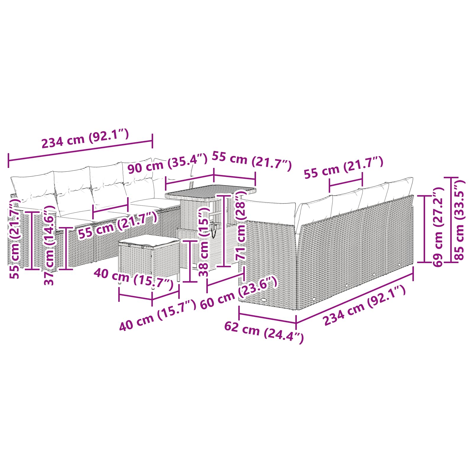 Gartensofa-set mit Kissen 12 pcs Schwarz Poly-Rattan