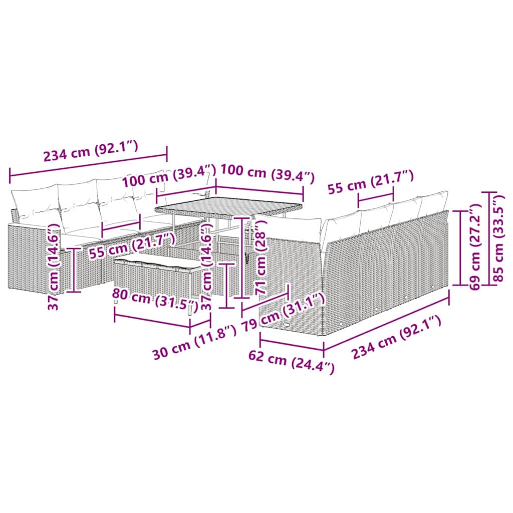 Gartensofa-set mit Kissen 12 pcs Schwarz Poly-Rattan