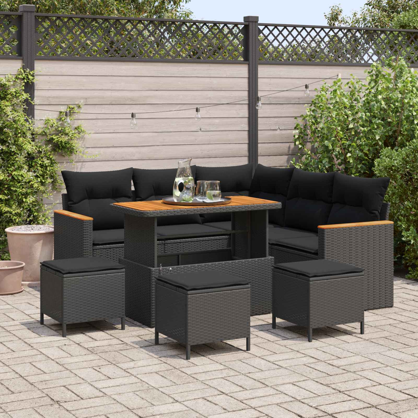 Garten-Sofa-Set mit Kissen mit Speicher Schwarz Poly Rattan