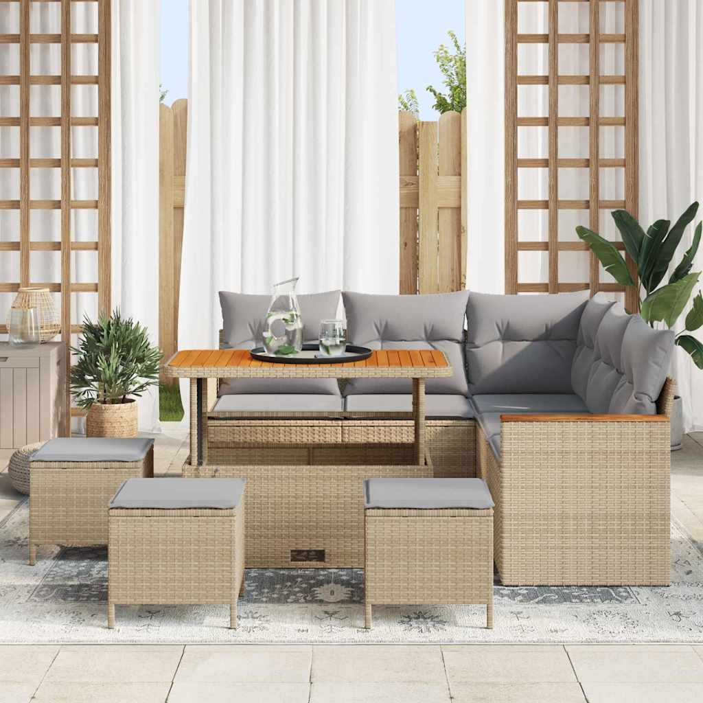 Garten-Sofa-Set mit Kissen mit Speicher Beige Poly Rattan