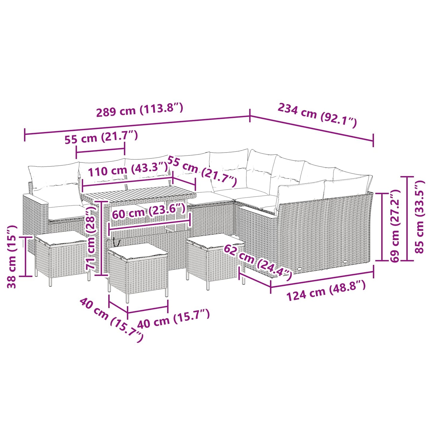Gartensofa-set mit Kissen mit Kissen 13 pcs Schwarz Poly Rattan