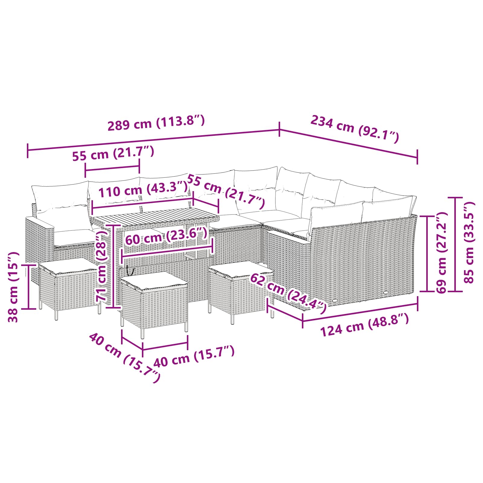 Gartensofa-set mit Kissen mit Kissen 13 pcs Schwarz Poly Rattan