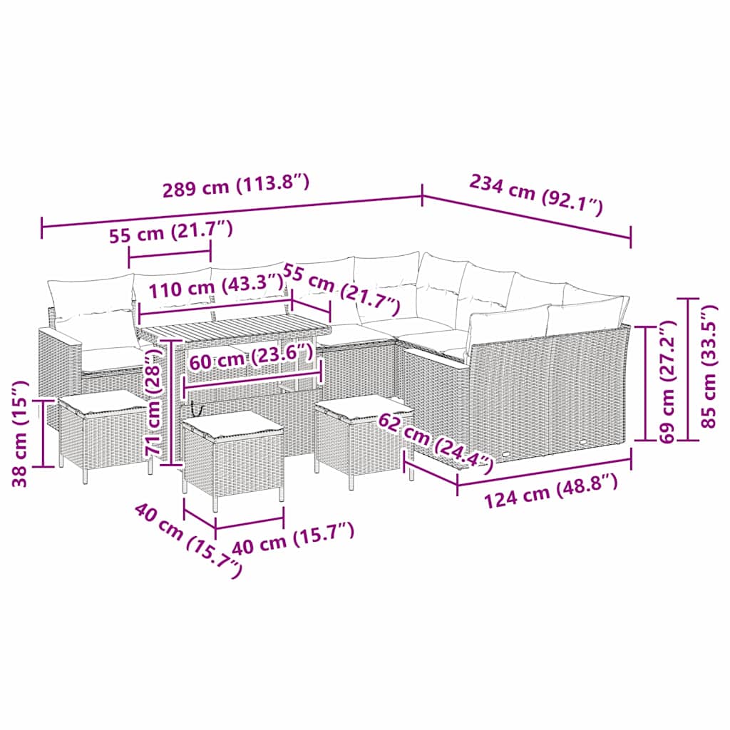 Gartensofa-set mit Kissen mit Kissen 13 pcs Schwarz Poly Rattan