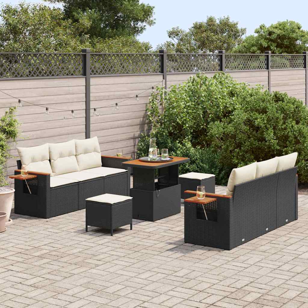 Gartensofa-set mit Kissen 11 pcs Schwarz und Creme Poly-Rattan