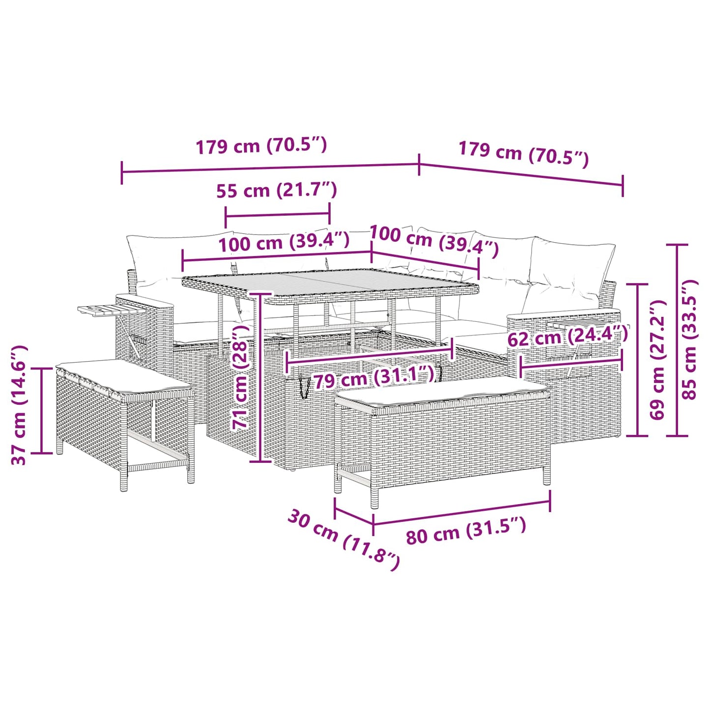 Gartensofa-set mit Kissen 9 pcs Schwarz Poly-Rattan