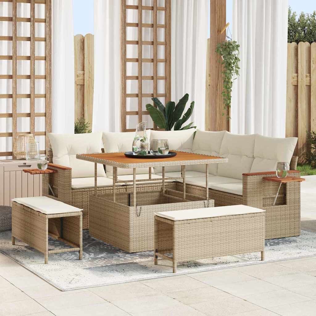 Gartensofa-set 9 Stk. 8-Sitzanzahl Beige und Creme Poly-Rattan