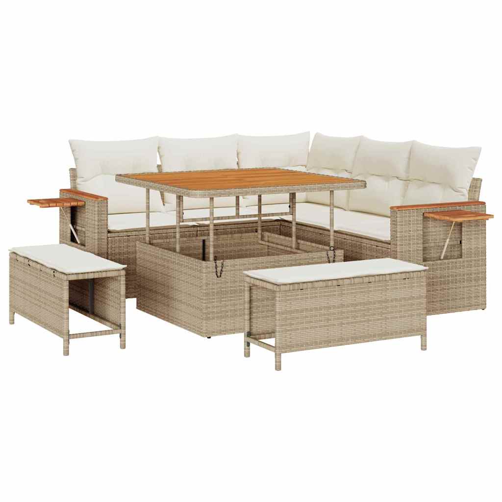 Gartensofa-set 9 Stk. 8-Sitzanzahl Beige und Creme Poly-Rattan