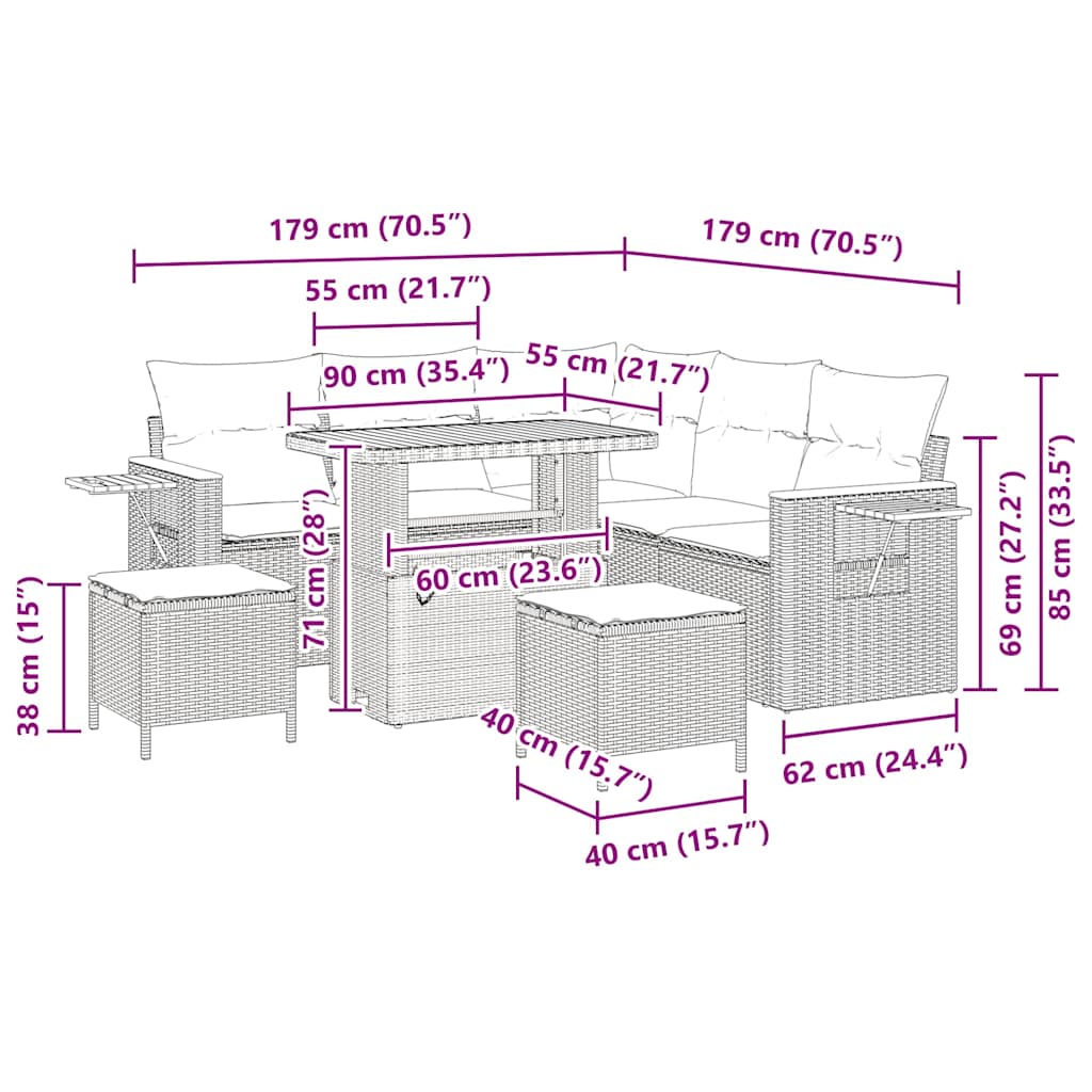 Gartensofa-set 9 Stk. 8-Sitzanzahl Beige und Creme Poly-Rattan