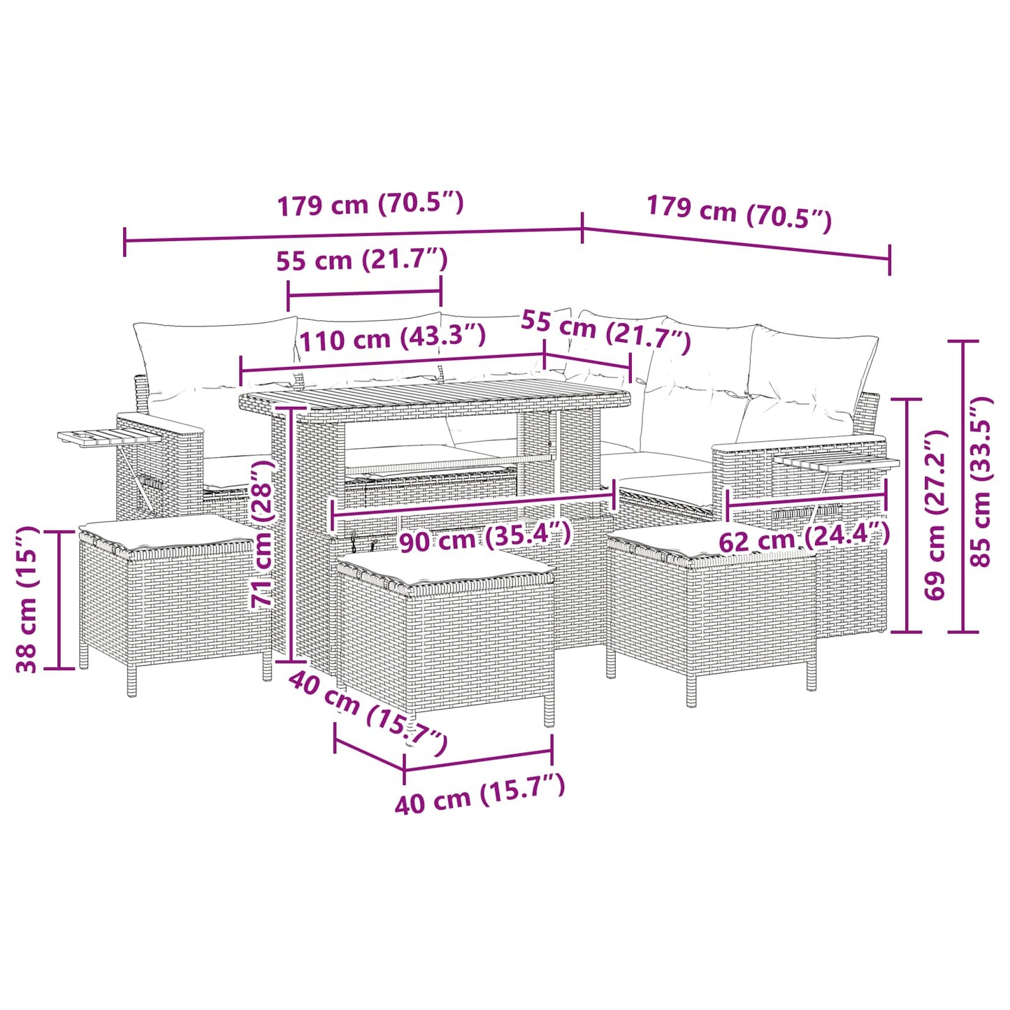 Gartensofa-set mit Kissen 10 pcs Schwarz Poly-Rattan