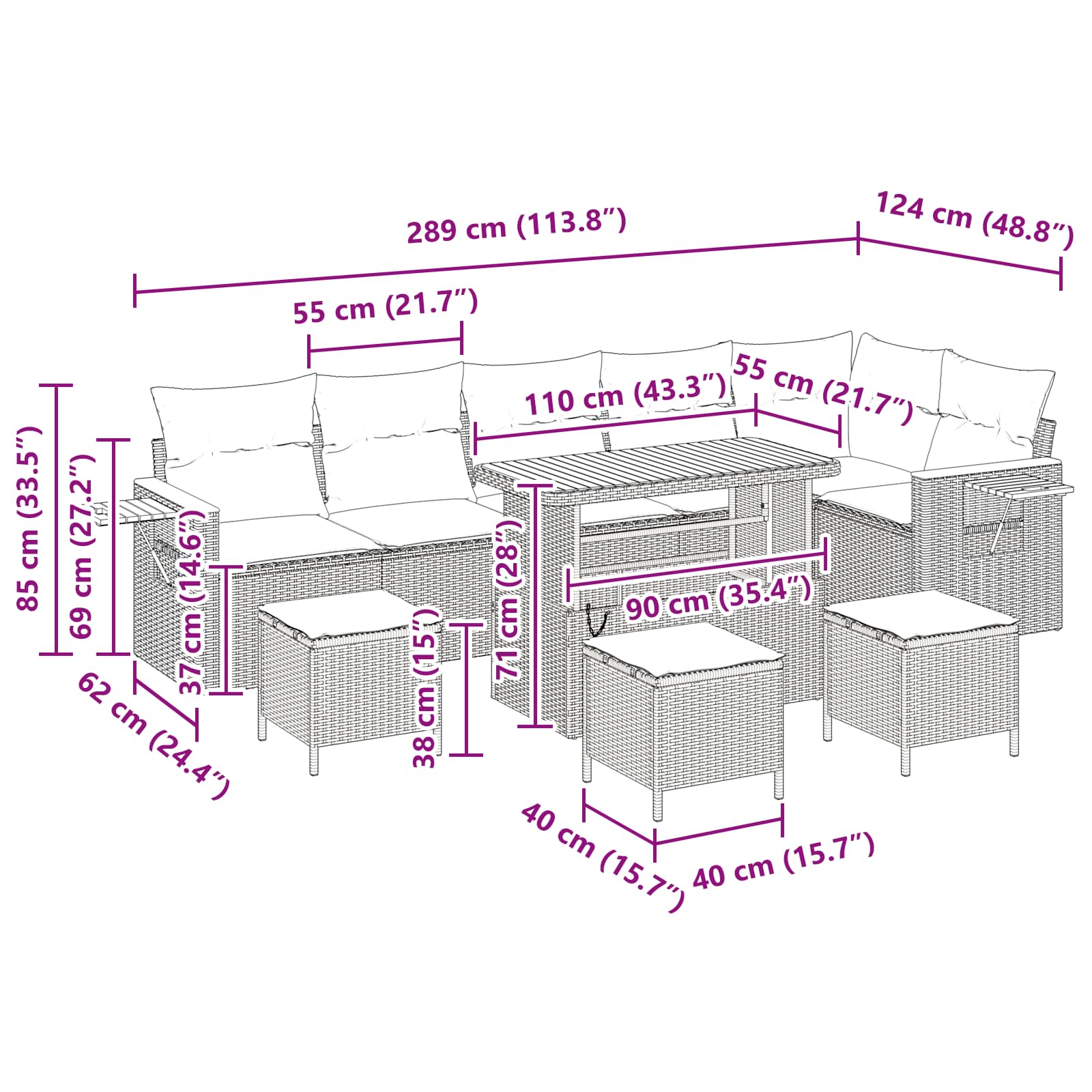 Gartensofa-set mit Kissen 12 pcs Schwarz Poly-Rattan