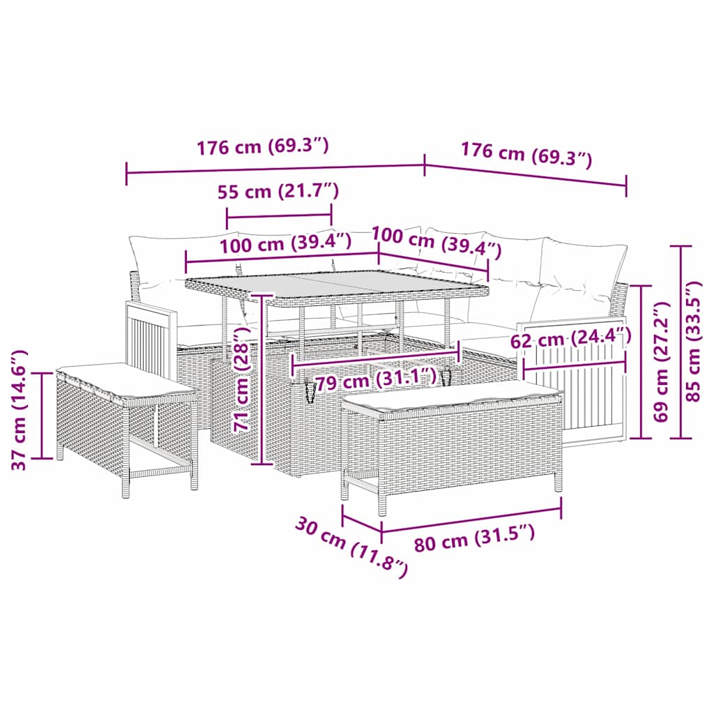 Gartensofa-set 9 stk. 8-Sitzanzahl Beige und Creme Poly-Rattan