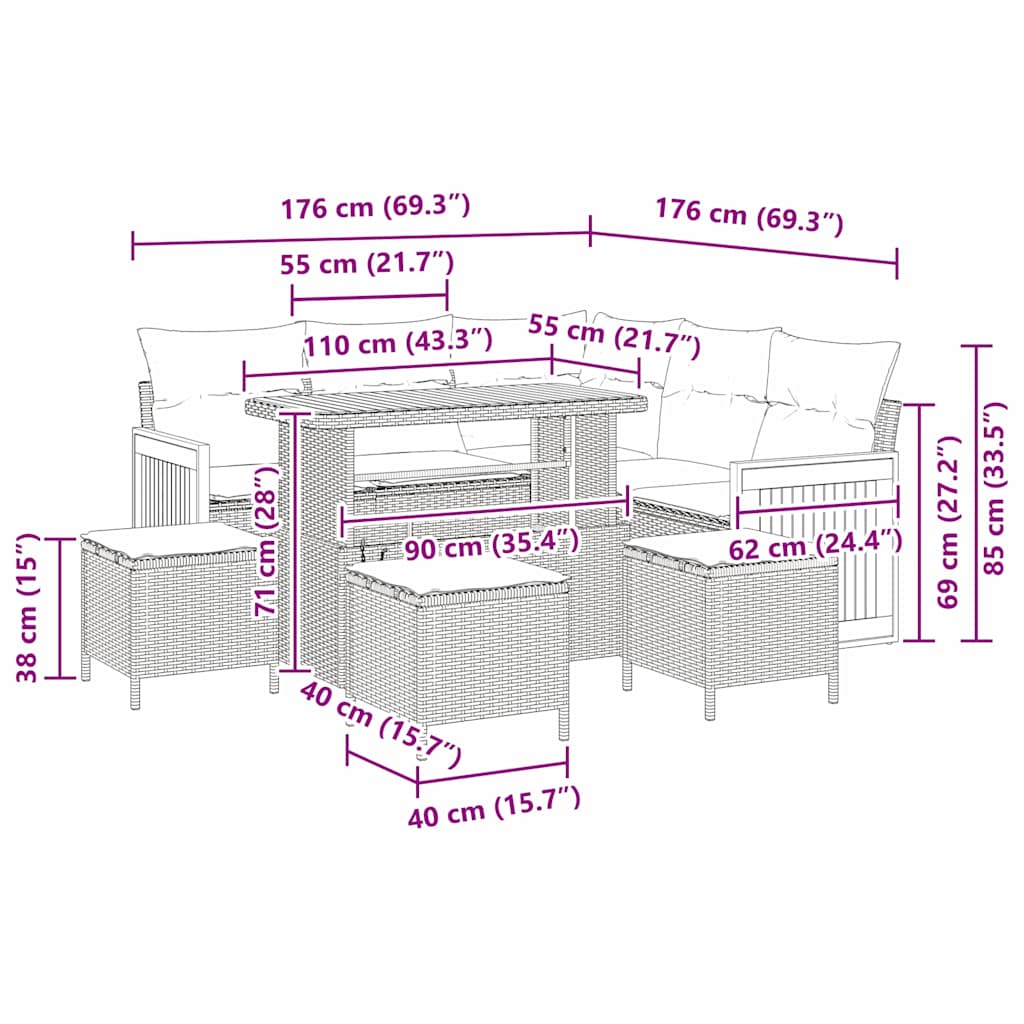 Gartensofa-set 9 stk. 7-Sitzanzahl Schwarz und Creme