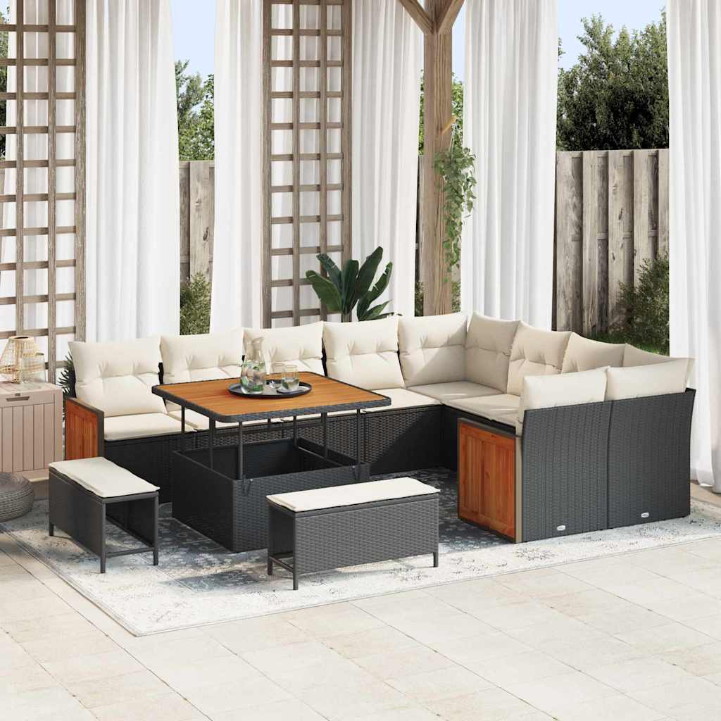 Gartensofa-set mit Kissen 13 pcs Schwarz und Creme Poly-Rattan
