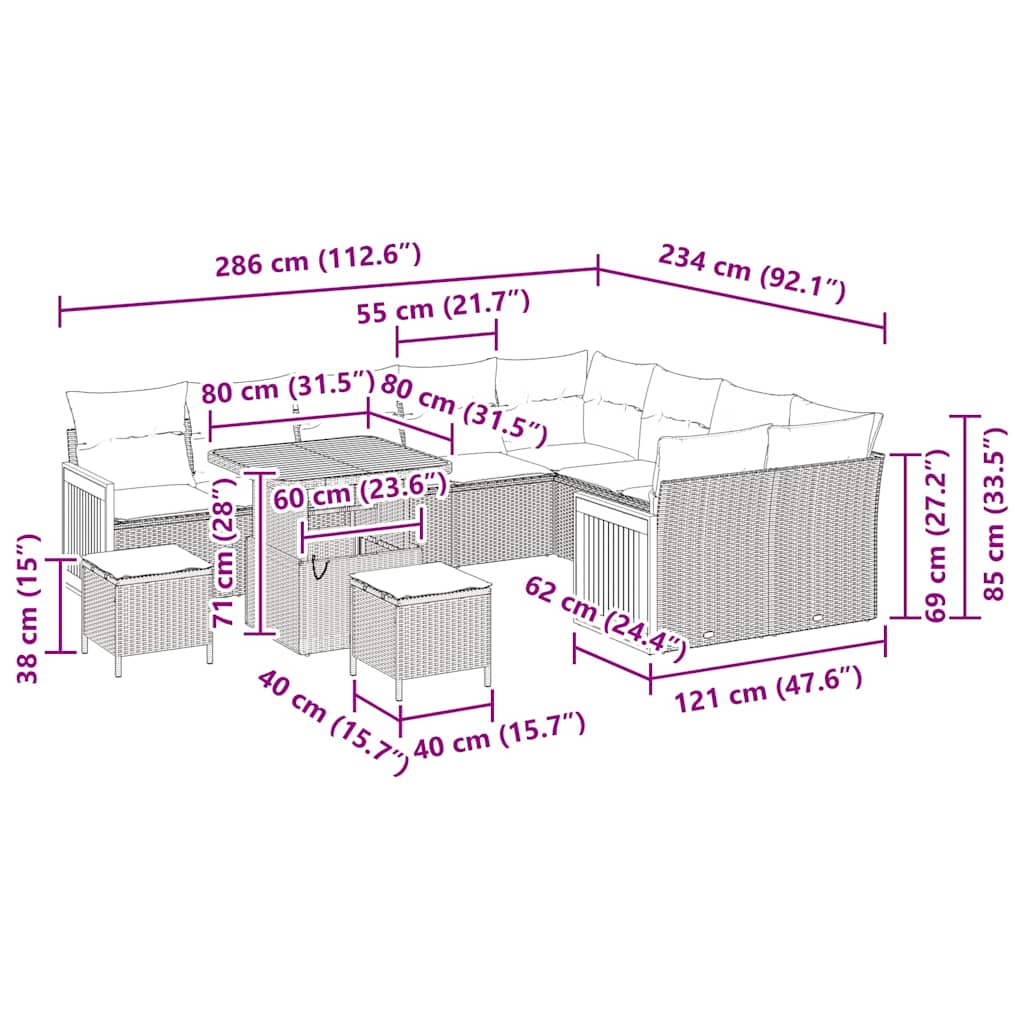 Gartensofa-set 13 Stk. 9-Sitzanzahl Beige und Creme Poly-Rattan