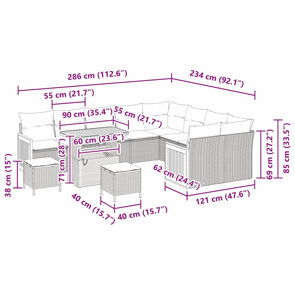 Gartensofa-set 13 Stk. 9-Sitzanzahl Schwarz und Creme