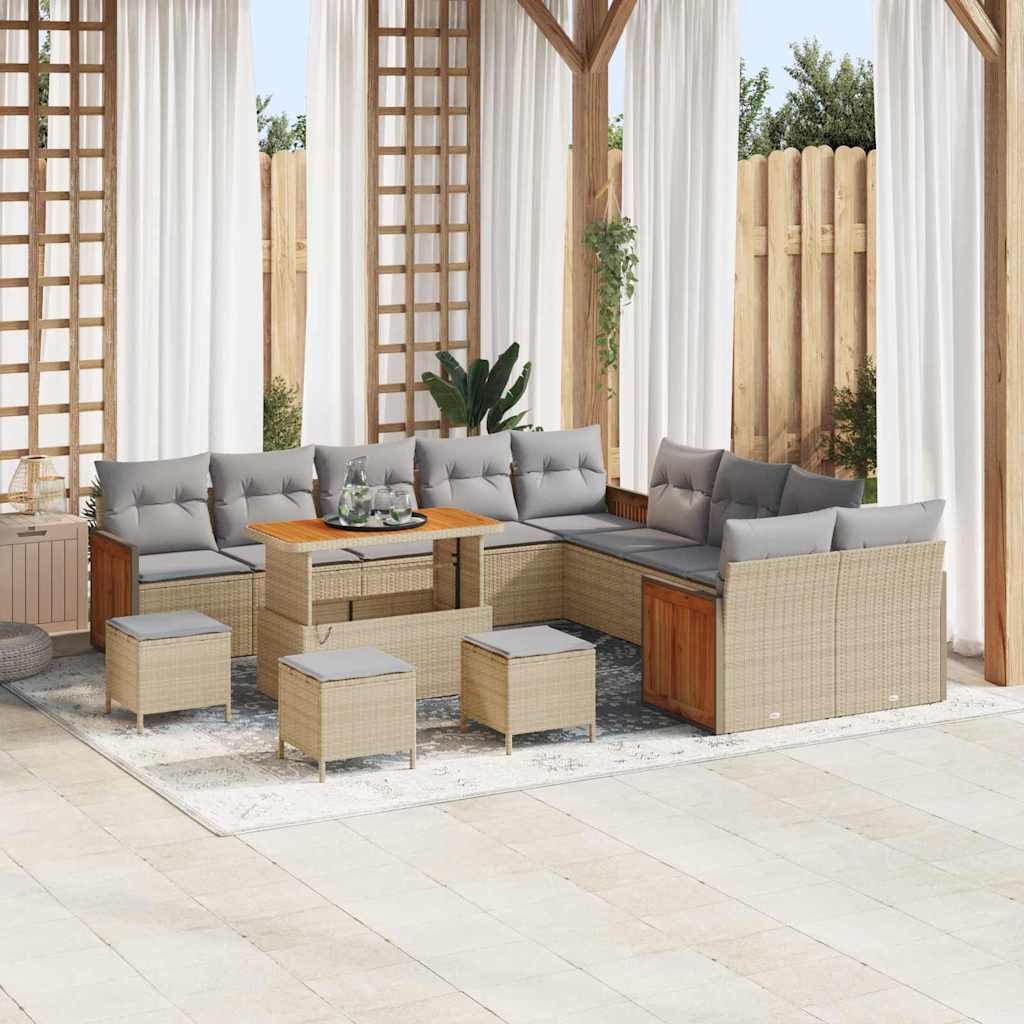 Gartensofa-set mit Kissen 18 pcs Beige und Hellgrau Poly-Rattan
