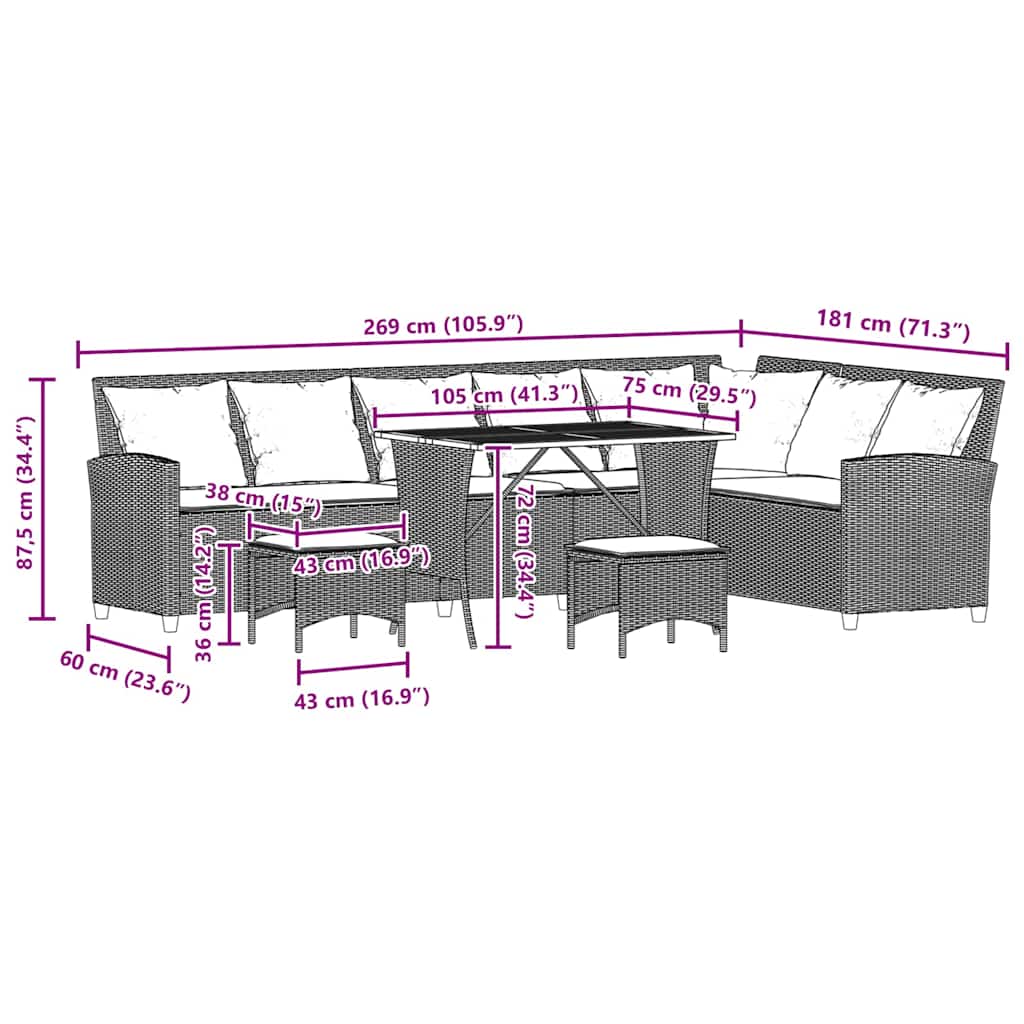 4tlg. Garten-Sofagarnitur mit Kissen L-Form Schwarz Poly Rattan