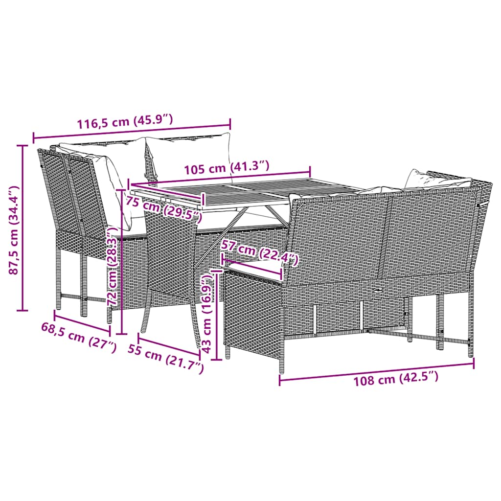 3-tlg. Garten-Sofagarnitur mit Kissen Grau Poly Rattan
