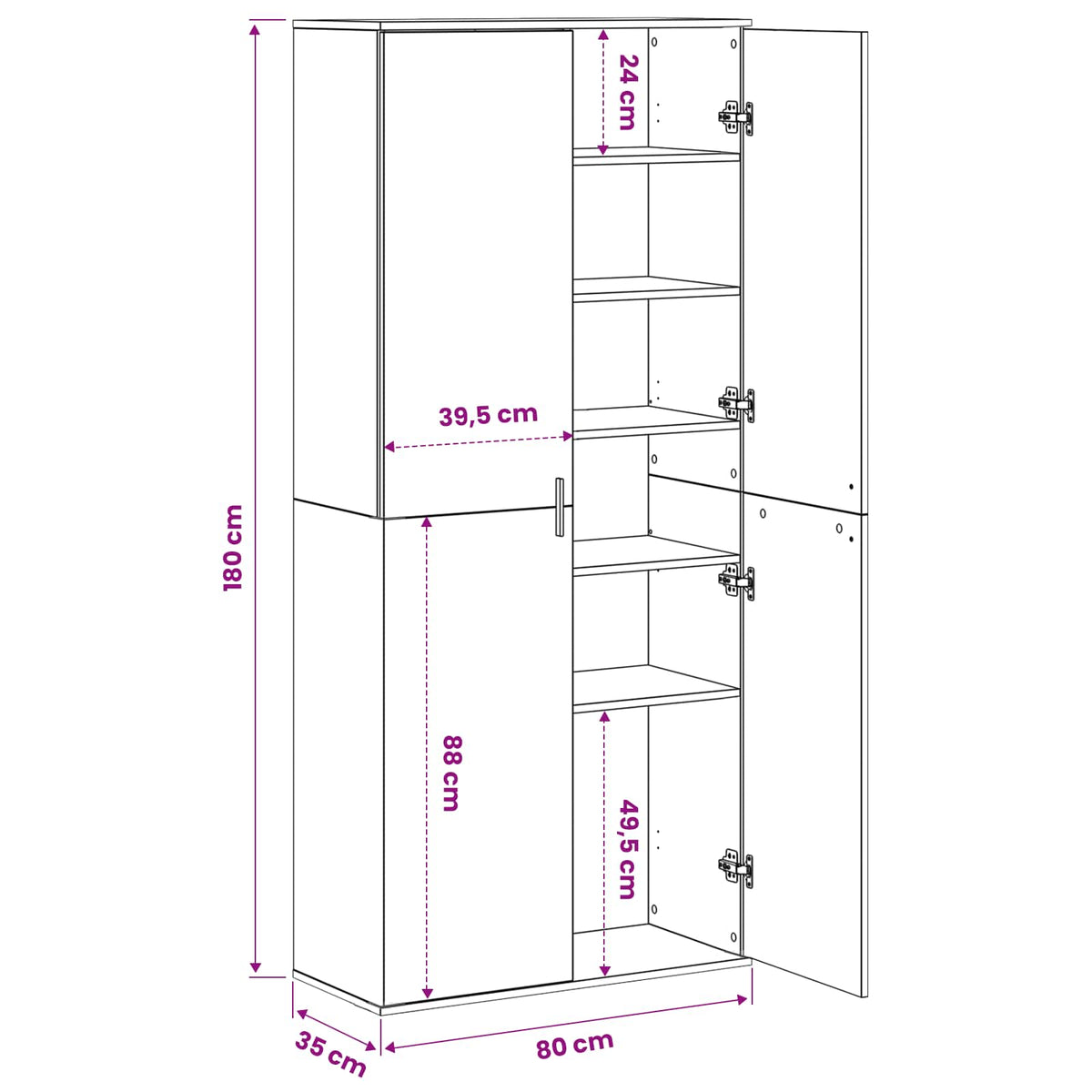 Highboard 80 x 35 x 180 cm Holzwerkstoff Schwarz Eichen-Optik