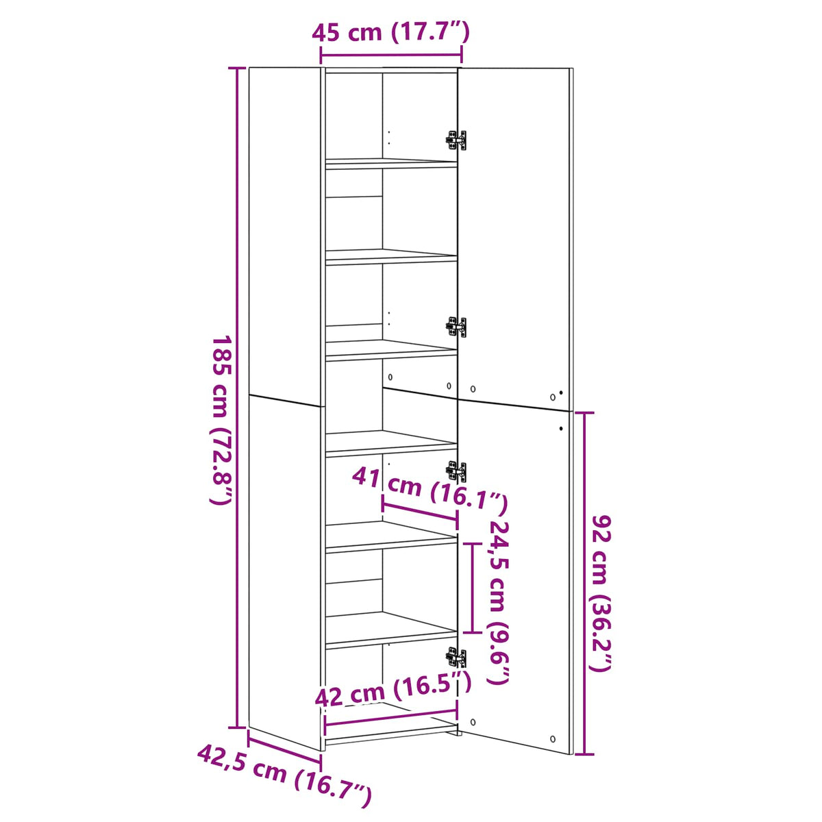 Highboard Schwarz Eichen-Optik 45 x 42,5 x 185 cm