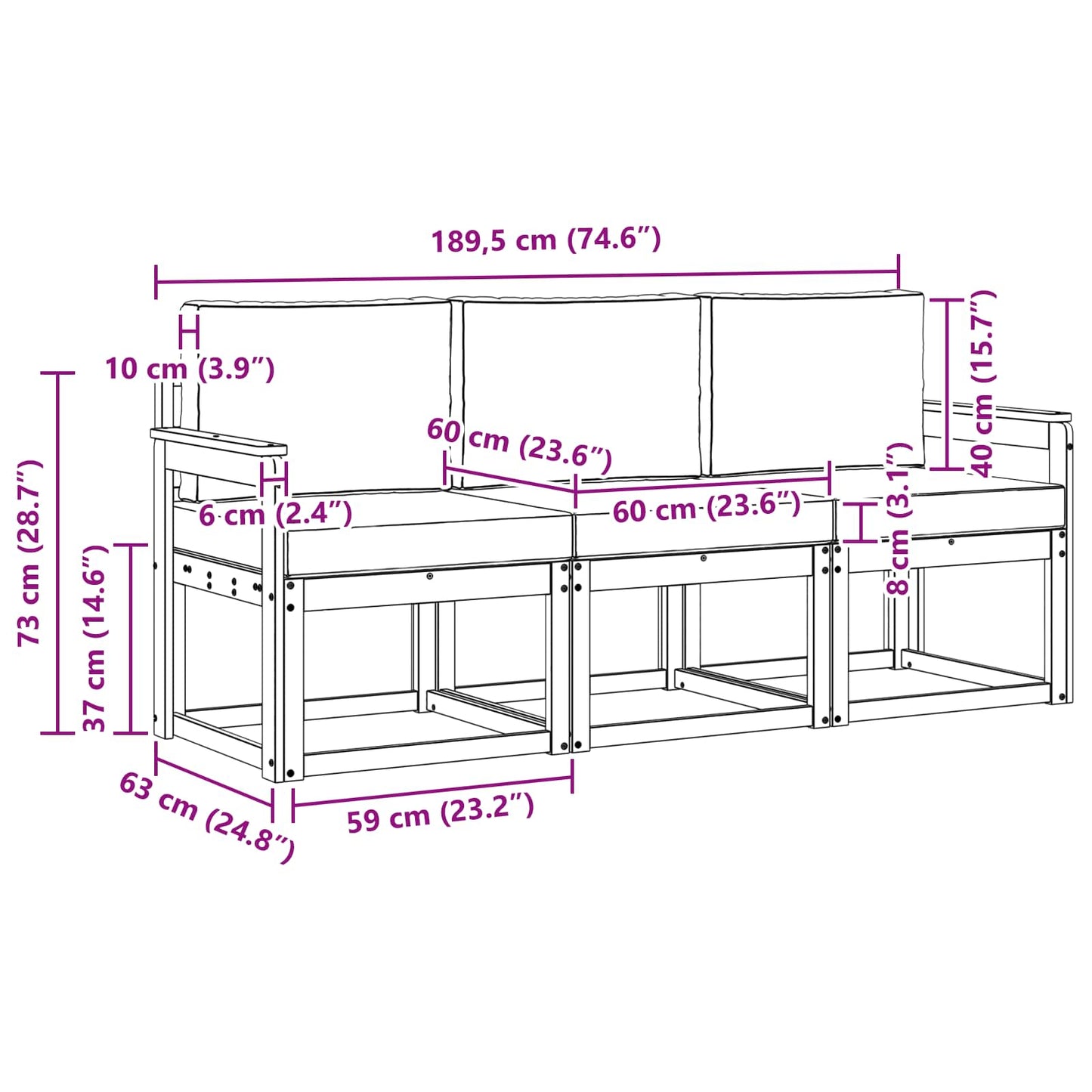Outdoor-Sofagarnitur mit Kissen 3 pcs Natürlich und Hellgrau