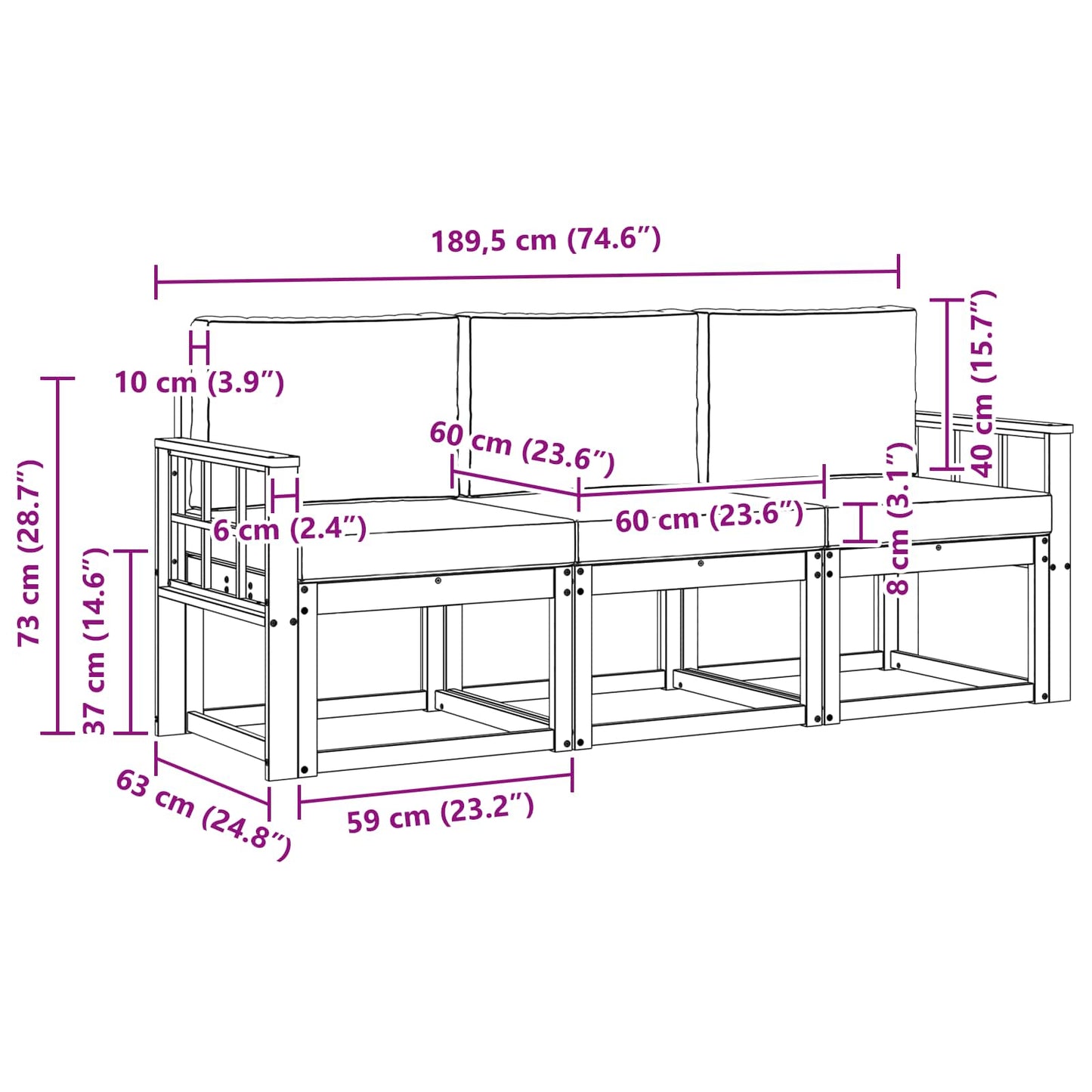 Outdoor-Sofagarnitur mit Kissen 3 pcs Natur und Anthrazit