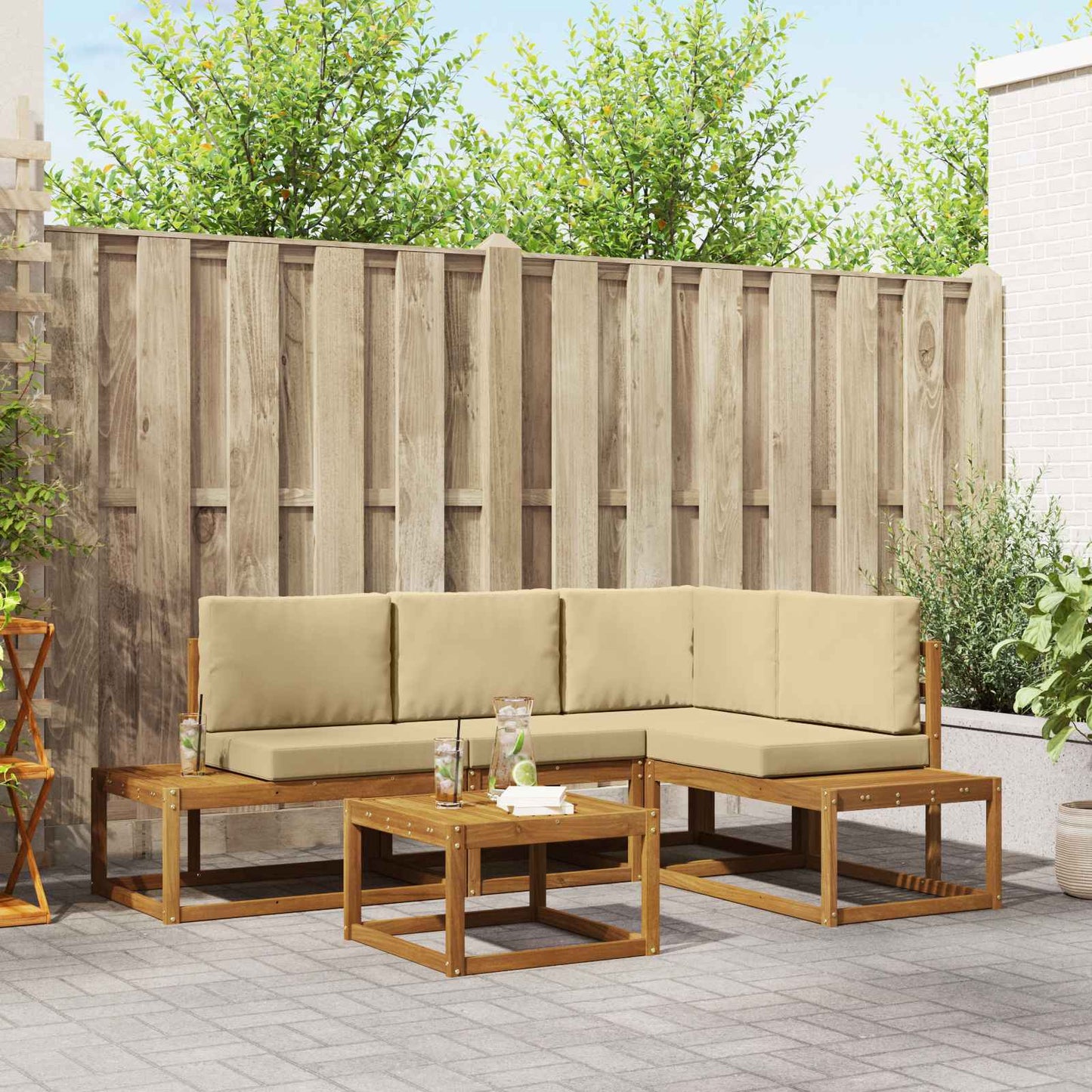 Outdoor-Sofagarnitur mit Kissen 5 Stück Natur und Beige
