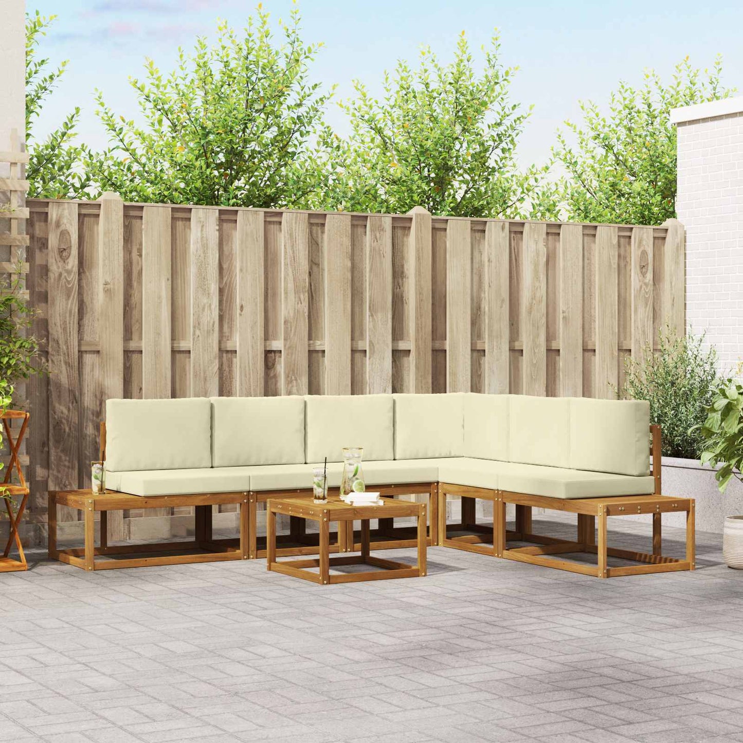 Outdoor-Sofagarnitur mit Kissen 7 Stück Natur und Creme