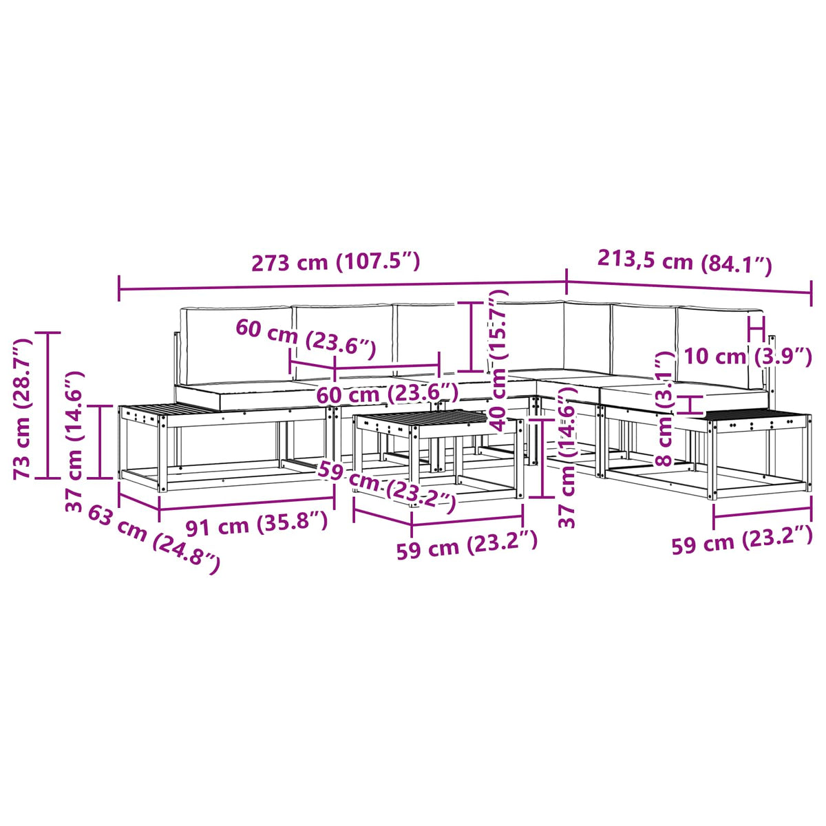 7 Stk. Outdoor-Sofagarnitur Massives Akazienholz und Polyester