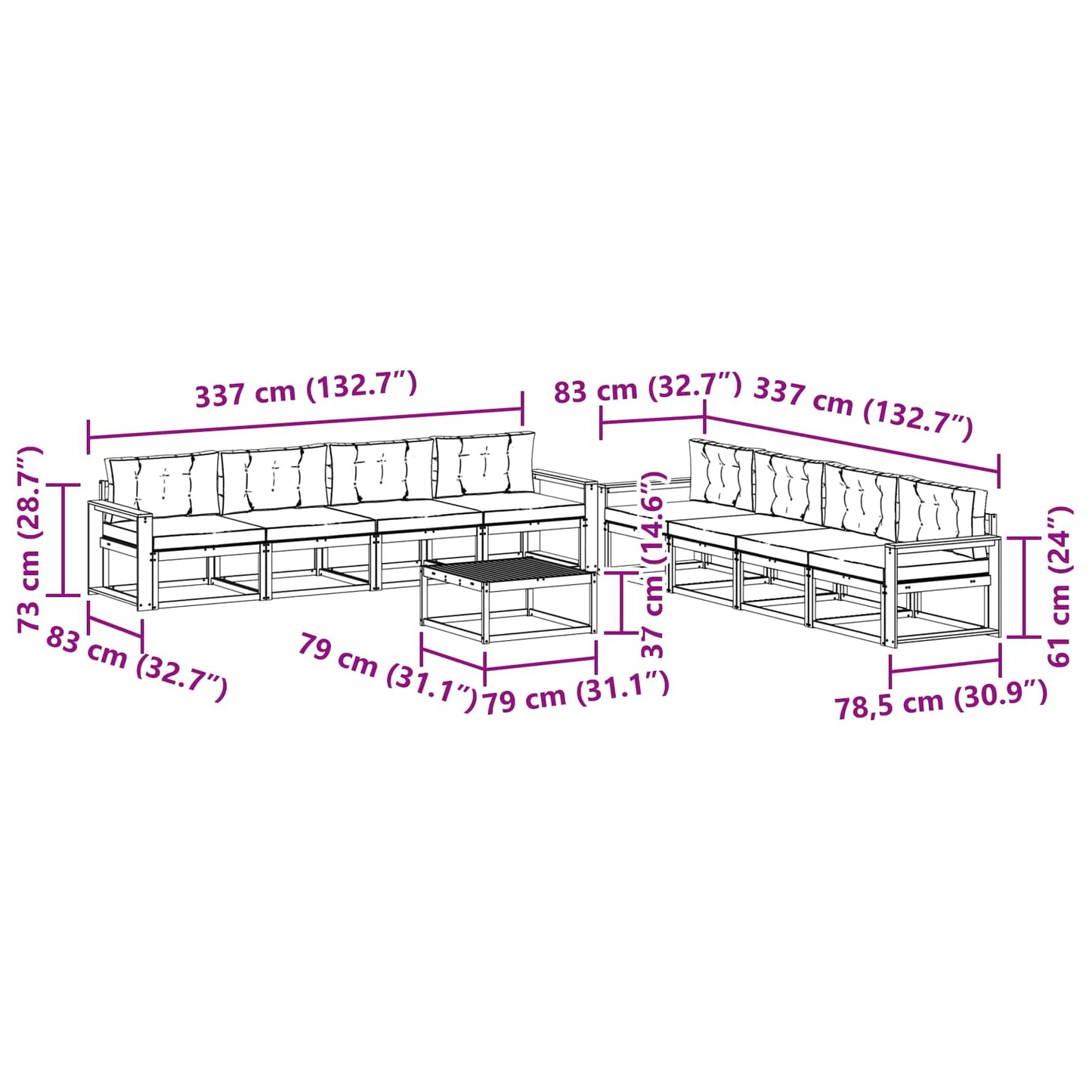 Outdoor-Sofagarnitur mit Kissen 9 pcs Natur und Anthrazit