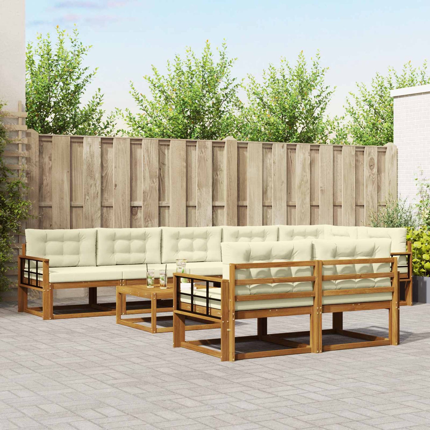 Outdoor-Sofagarnitur mit Kissen 9 pcs Natur und Creme